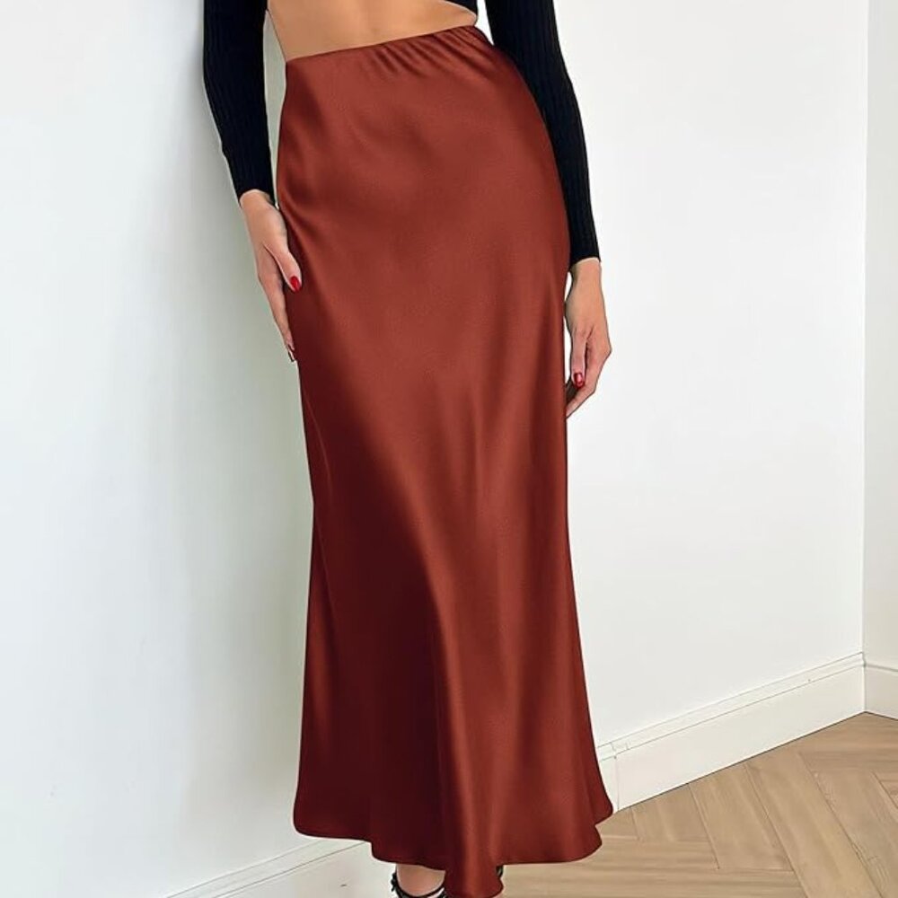 Chic Rust Brown/Orange Satin Slip Skirt Multiple Sizes New